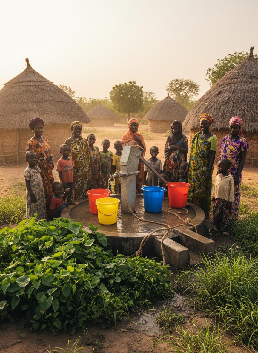 Puits terminé avec des femmes et enfants puisant de l'eau propre